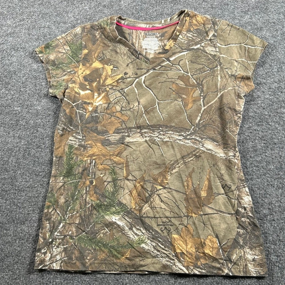 Realtree T-Shirt Womens Size L Brown Camo V-Neck Short Sleeve Outdoor Hunting